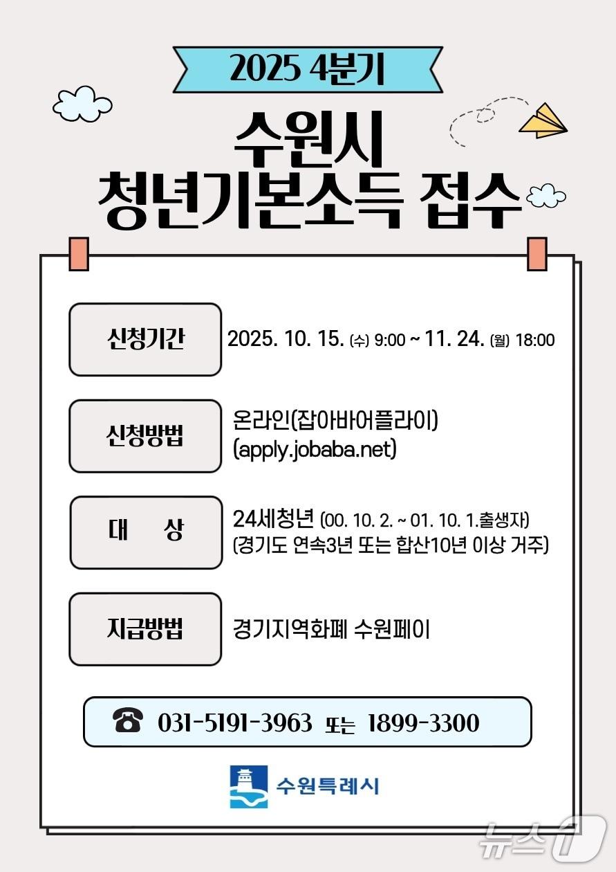 본문 이미지 - 경기 수원특례시 &#39;2025년 4분기 청년기본소득&#39; 홍보물. &#40;수원특례시 제공. 재판매 및 DB 금지&#41; 2025.10.14/뉴스1