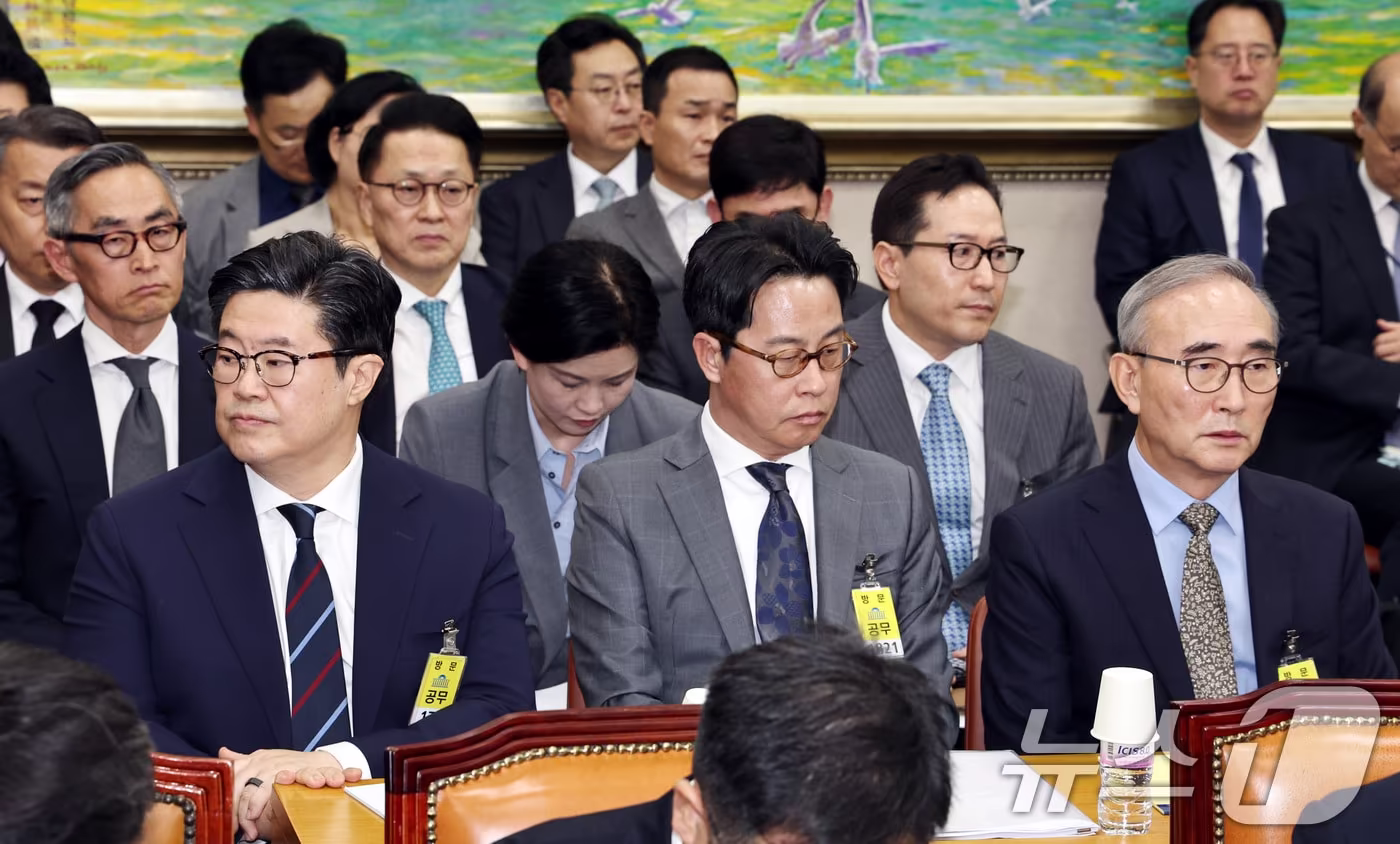 김병주 MBK파트너스 회장(앞줄 왼쪽부터), 조좌진 롯데카드 대표이사, 김영섭 KT 대표이사가 14일 오후 서울 여의도 국회에서 열린 정무위원회 국정감사에 증인으로 출석해 자리하고 있다. 2025.10.14/뉴스1 ⓒ News1 구윤성 기자