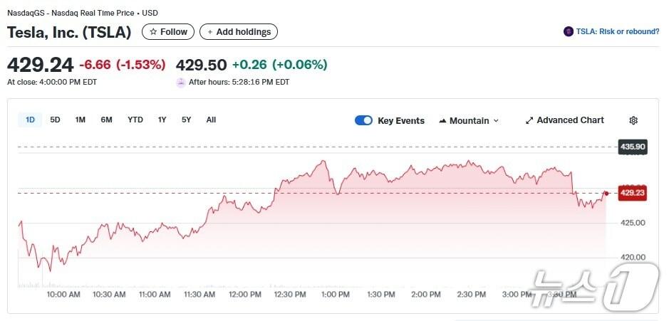 본문 이미지 - 테슬라 일일 주가추이 - 야후 파이낸스 갈무리