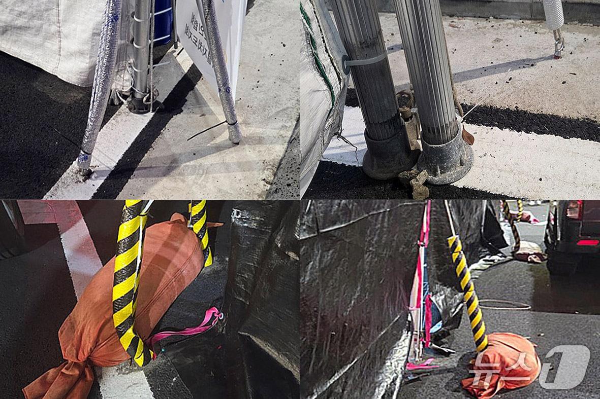 본문 이미지 - 제64회 탐라문화제 준비과정에서 제주시 건입동 산지로에 박힌 대못들. 이 도로는 최근 최근 아스팔트 콘크리트 재포장 공사가 마무리된 새 도로다.&#40;박두화 제주도의회 의원 제공, 재판매 및 DB 금지&#41;