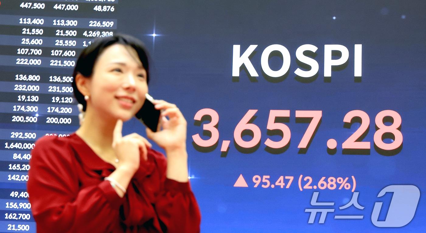 코스피가 3,650을 돌파하며 사상 최고치를 경신한 15일 오후 서울 여의도 한국거래소 현황판에 종가가 표시돼 있다.이날 코스피는 전거래일보다 95.47포인트&#40;2.68%&#41; 오른 3,657.28로 마감했다. 2025.10.15/뉴스1 ⓒ News1 이호윤 기자