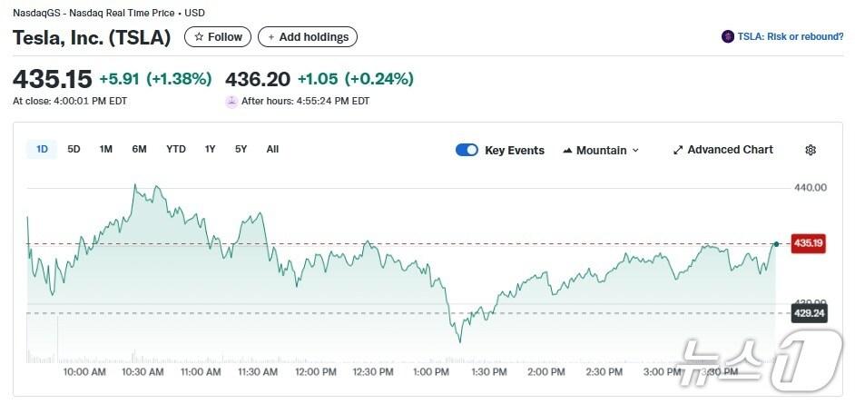 본문 이미지 - 테슬라 일일 주가추이 - 야후 파이낸스 갈무리