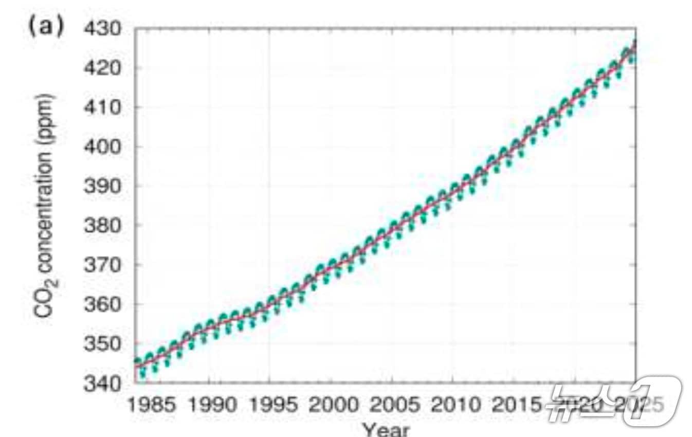 본문 이미지 - 이산화탄소 전지구 농도와 연간 증가율(세계기상기구 제공) ⓒ 뉴스1