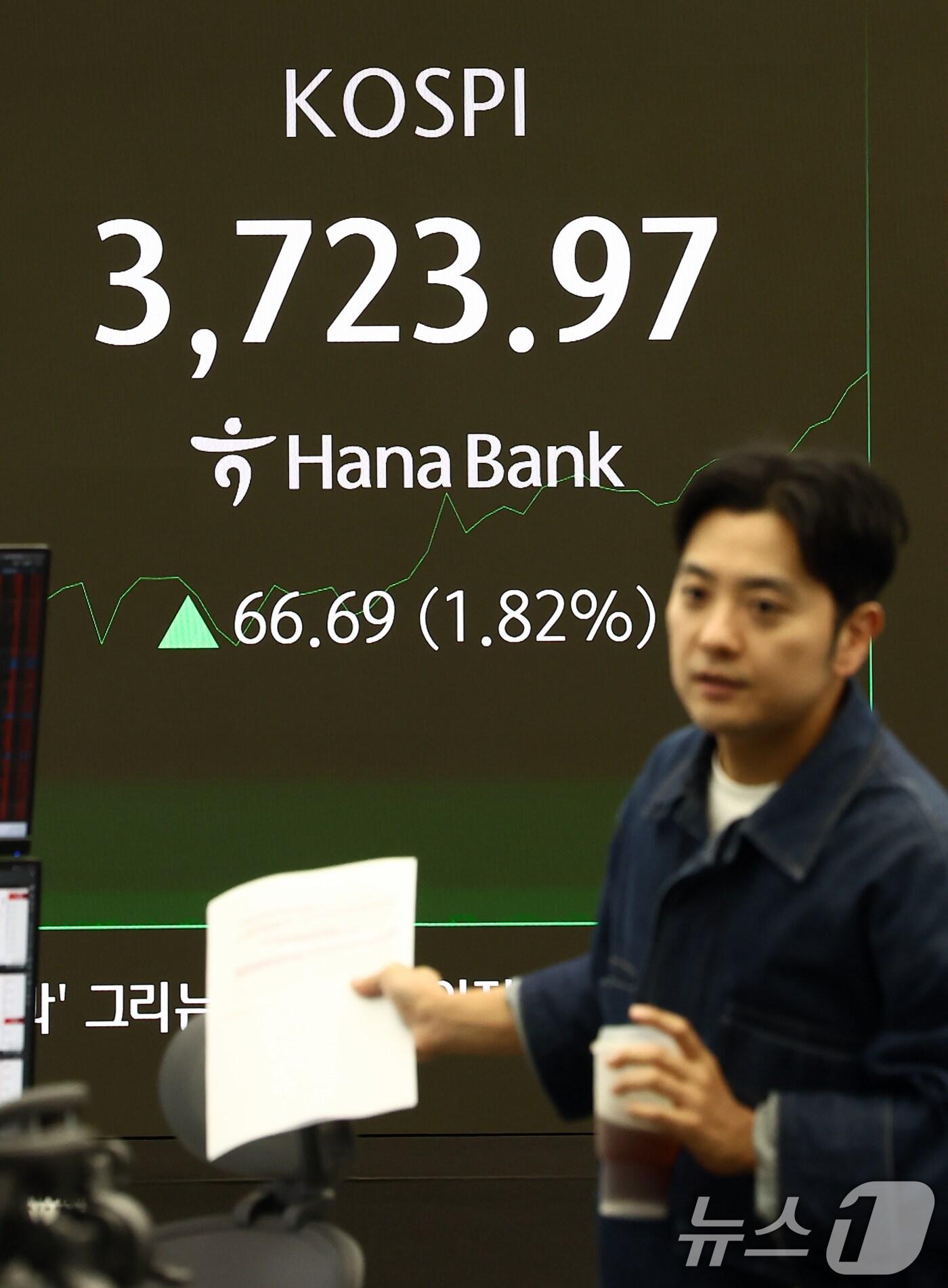 본문 이미지 - 코스피가 사상 첫 3720선을 돌파한 16일 오전 서울 중구 하나은행 딜링룸 전광판에 개장 시황이 나오고 있다. ⓒ News1 김민지 기자