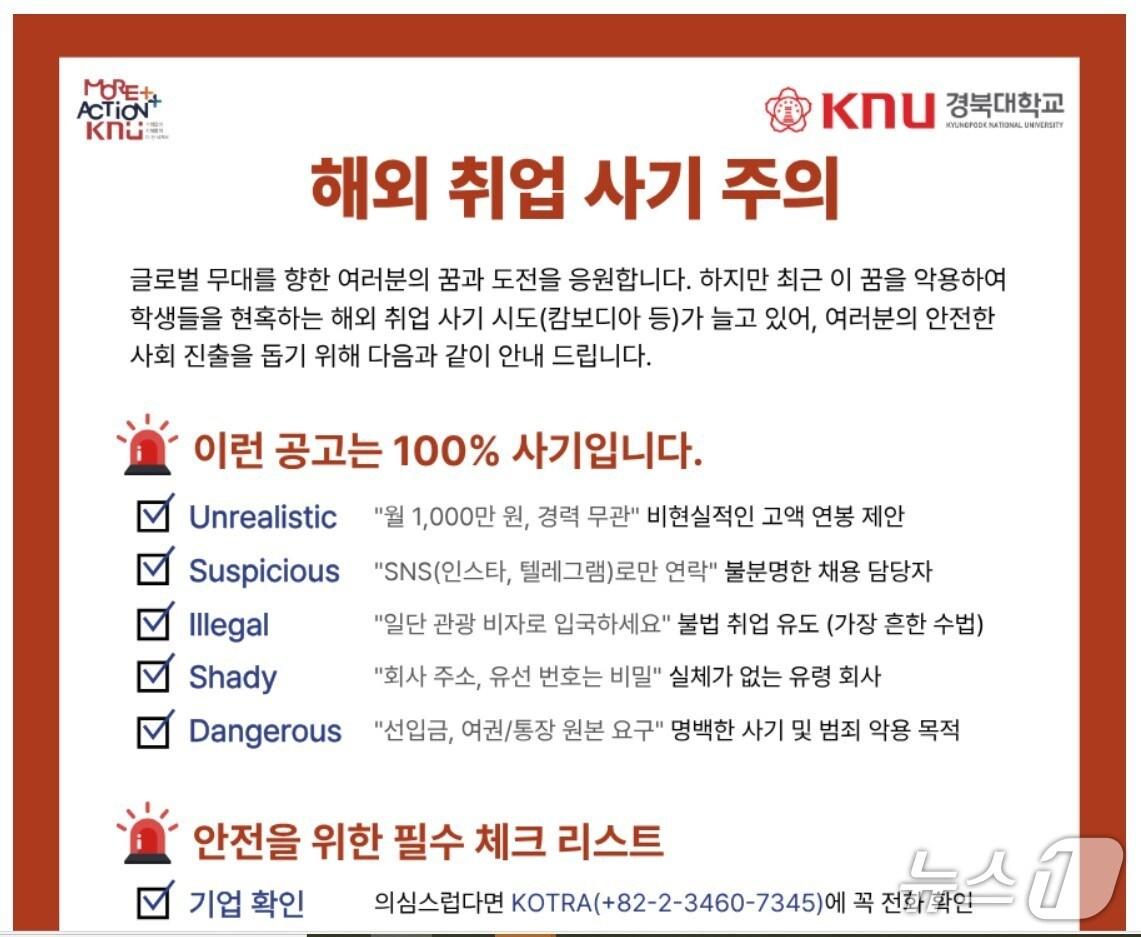 본문 이미지 - 캄보디아에서 한국인 대학생을 상대로 한 범죄가 속속 드러나는 가운데 경북대가 고수익을 미끼로 한 해외 취업 사기 주의를 당부하는 공지문을 냈다. (경북대 제공. 재판매 및 DB 금지)/뉴스1