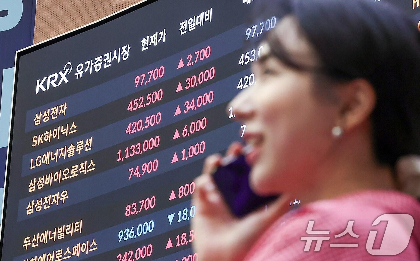 코스피 지수가 3740선을 돌파하며 사상 최고치를 경신한 16일 서울 여의도 한국거래소 현황판에 삼성전자와 하이닉스 종가가 나오고 있다. 2025.10.16/뉴스1 ⓒ News1 김성진 기자