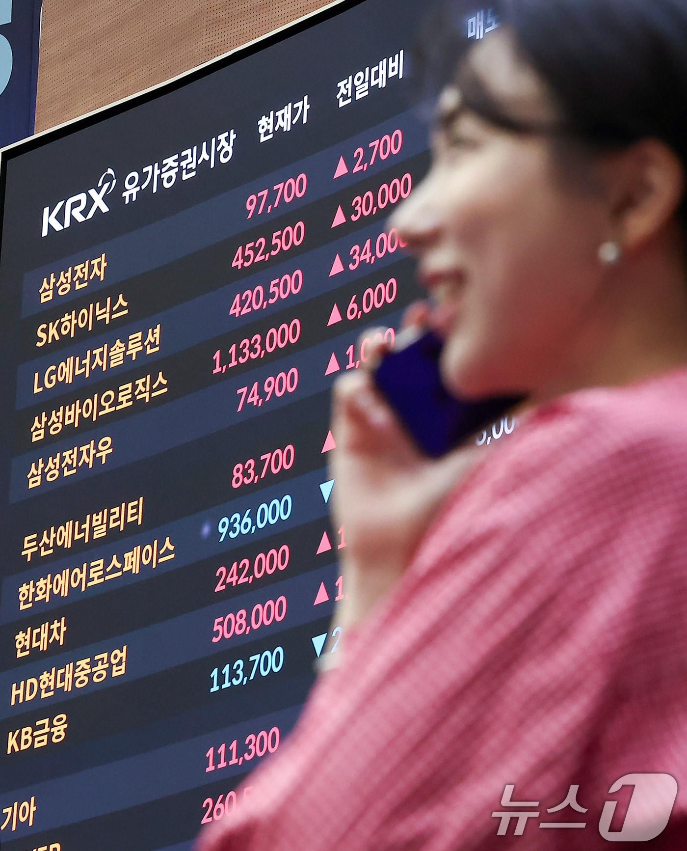 본문 이미지 - 코스피 지수가 3740선을 돌파하며 사상 최고치를 경신한 16일 서울 여의도 한국거래소 현황판에 삼성전자와 하이닉스 종가가 나오고 있다. 2025.10.16/뉴스1 ⓒ News1 김성진 기자