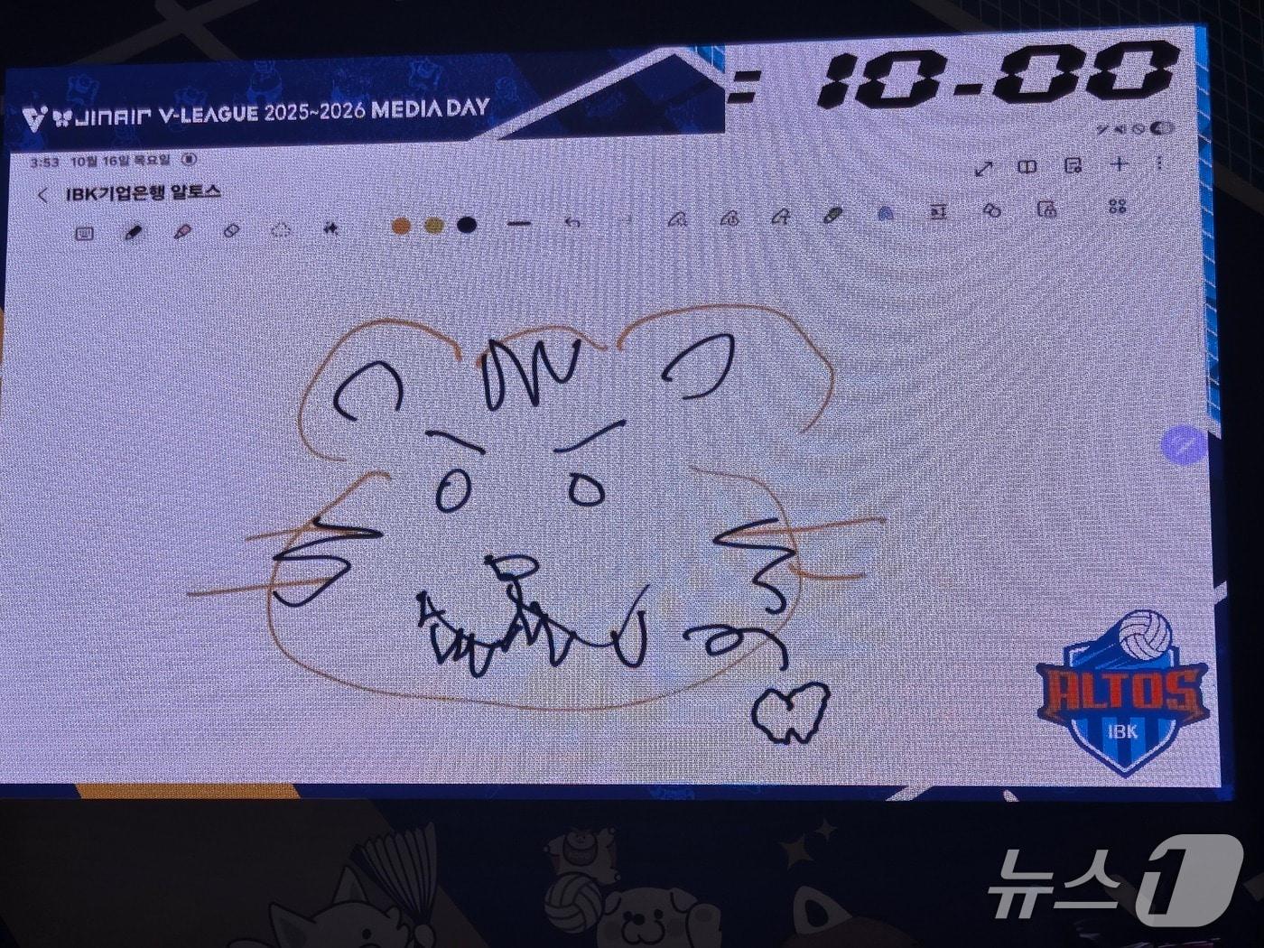 본문 이미지 - IBK기업은행 선수들이 그린 &#39;이빨 빠진 호랑이&#39; 모습의 김호철 감독ⓒ News1 안영준 기자