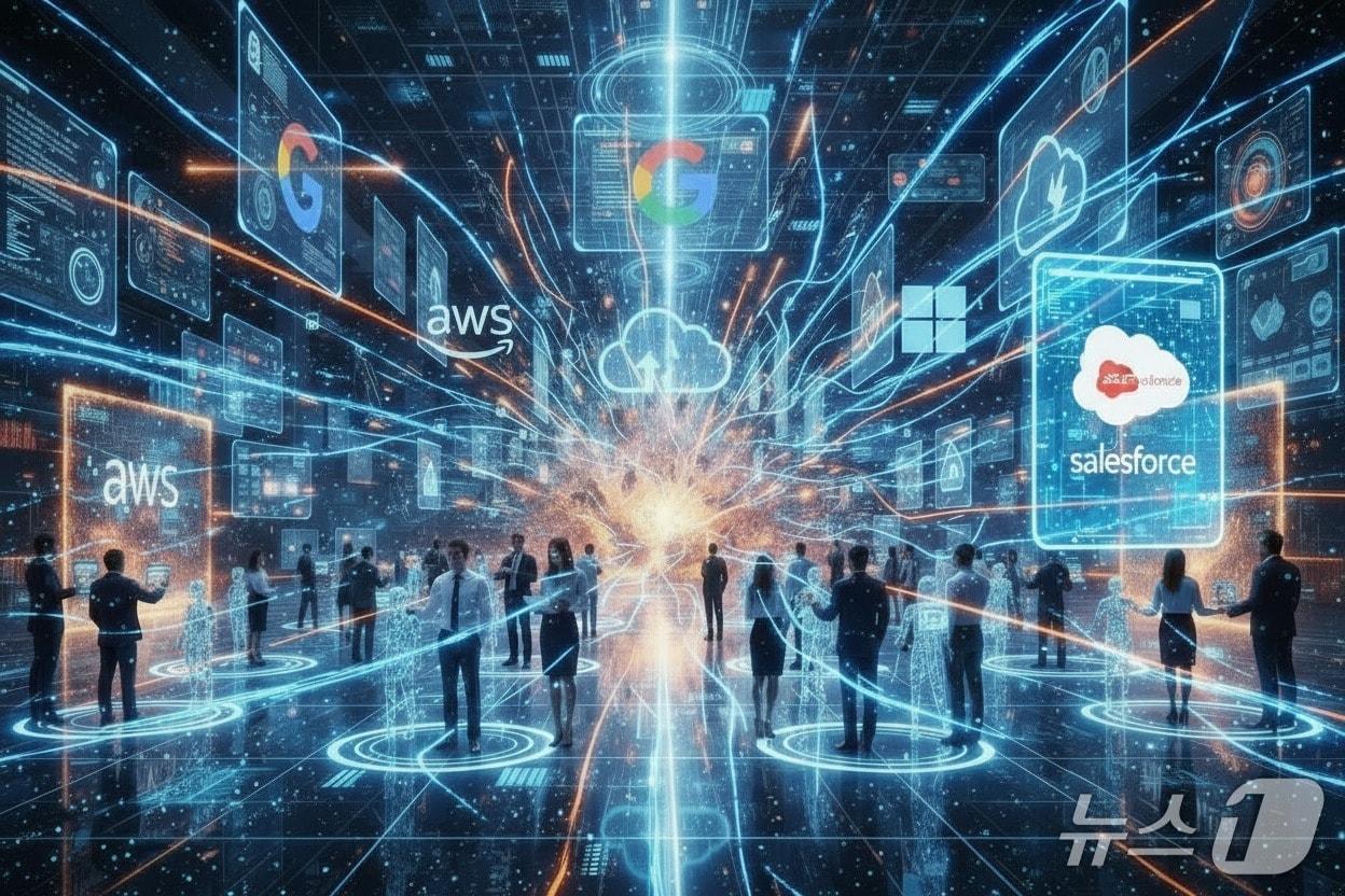 본문 이미지 - 아마존&#40;AWS&#41;·구글·세일즈포스 등 빅테크 기업 노코드 AI 에이전트 빌더를 경쟁적 출시 관련 퍼플렉시티 AI 이미지 생성 요청 이미지.