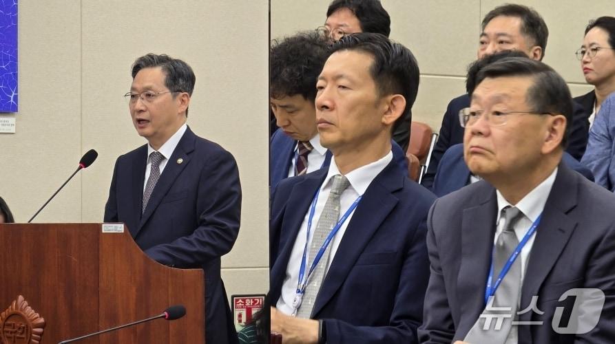 본문 이미지 - 16일 국회 과학기술정보방송통신위원회 국정감사에 출석한 윤영빈 우주항공청장&#40;왼쪽&#41;, 노경원 우주항공청 차장&#40;가운데&#41;, 존리 우주항공임무본부장. 2025.10.16./뉴스1 ⓒ News1 윤주영 기자