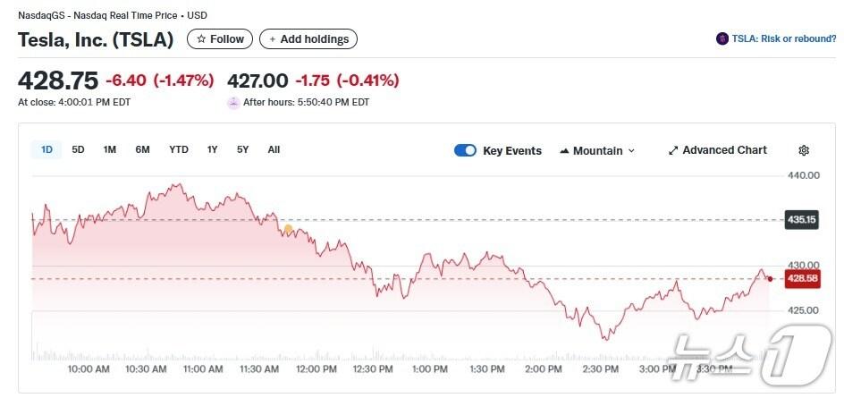 본문 이미지 - 테슬라 일일 주가추이 - 야후 파이낸스 갈무리