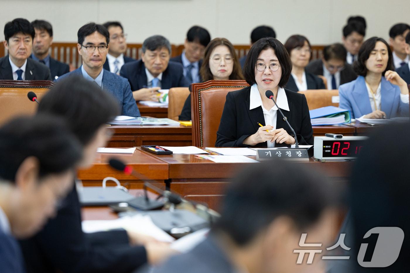 본문 이미지 - 이미선 기상청장이 서울 여의도 국회에서 열린 기후에너지환경노동위원회의 기상청 등에 대한 국정감사에서 의원 질의에 답하고 있다. 2025.10.17 ⓒ 뉴스1 유승관 기자