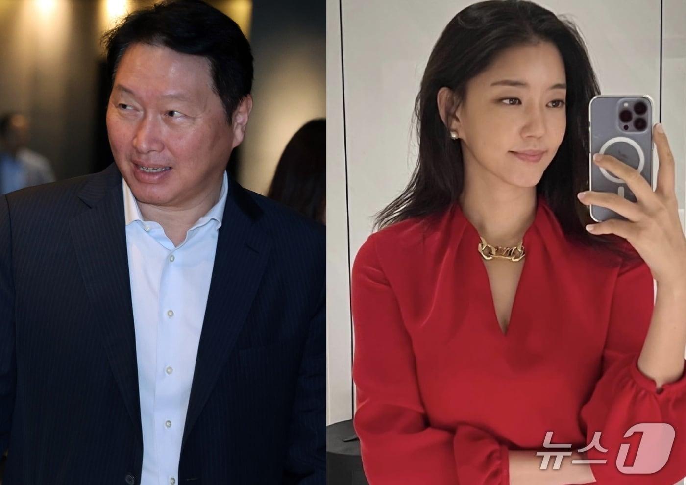 최태원 SK그룹 회장&#40;왼쪽&#41;과 김희영 티앤씨재단 이사&#40;SK그룹 및 김희영 이사 인스타그램 갈무리&#41;