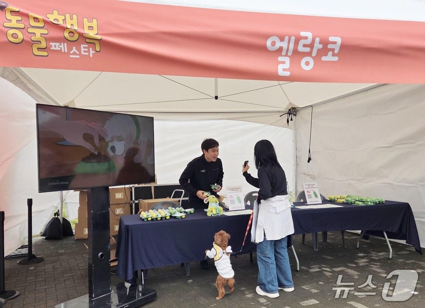 본문 이미지 - 한국엘랑코동물약품 관계자가 18일 반려동물 보호자를 대상으로 제품을 소개하고 있다. ⓒ 뉴스1 한송아 기자