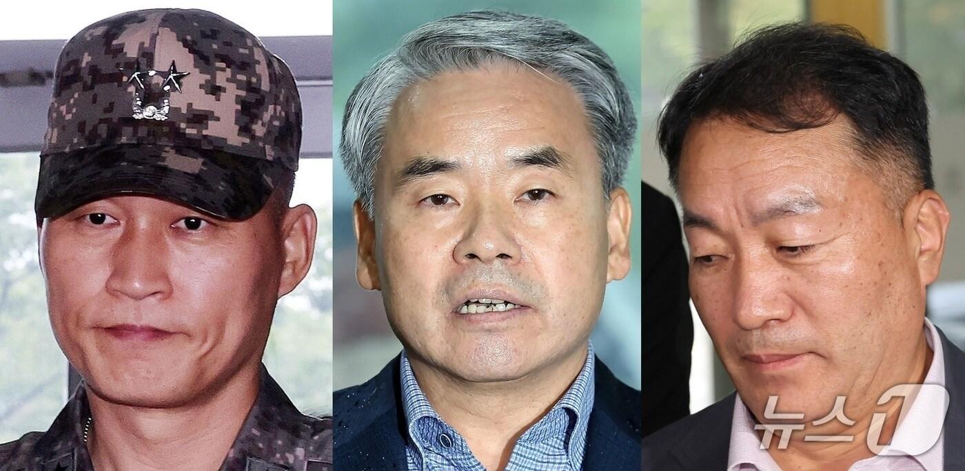 왼쪽부터 박진희 전 국방부 군사보좌관(육군 소장), 이종섭 전 국방부 장관, 김계환 전 해병대사령관. 2025.10.20./ⓒ 뉴스1