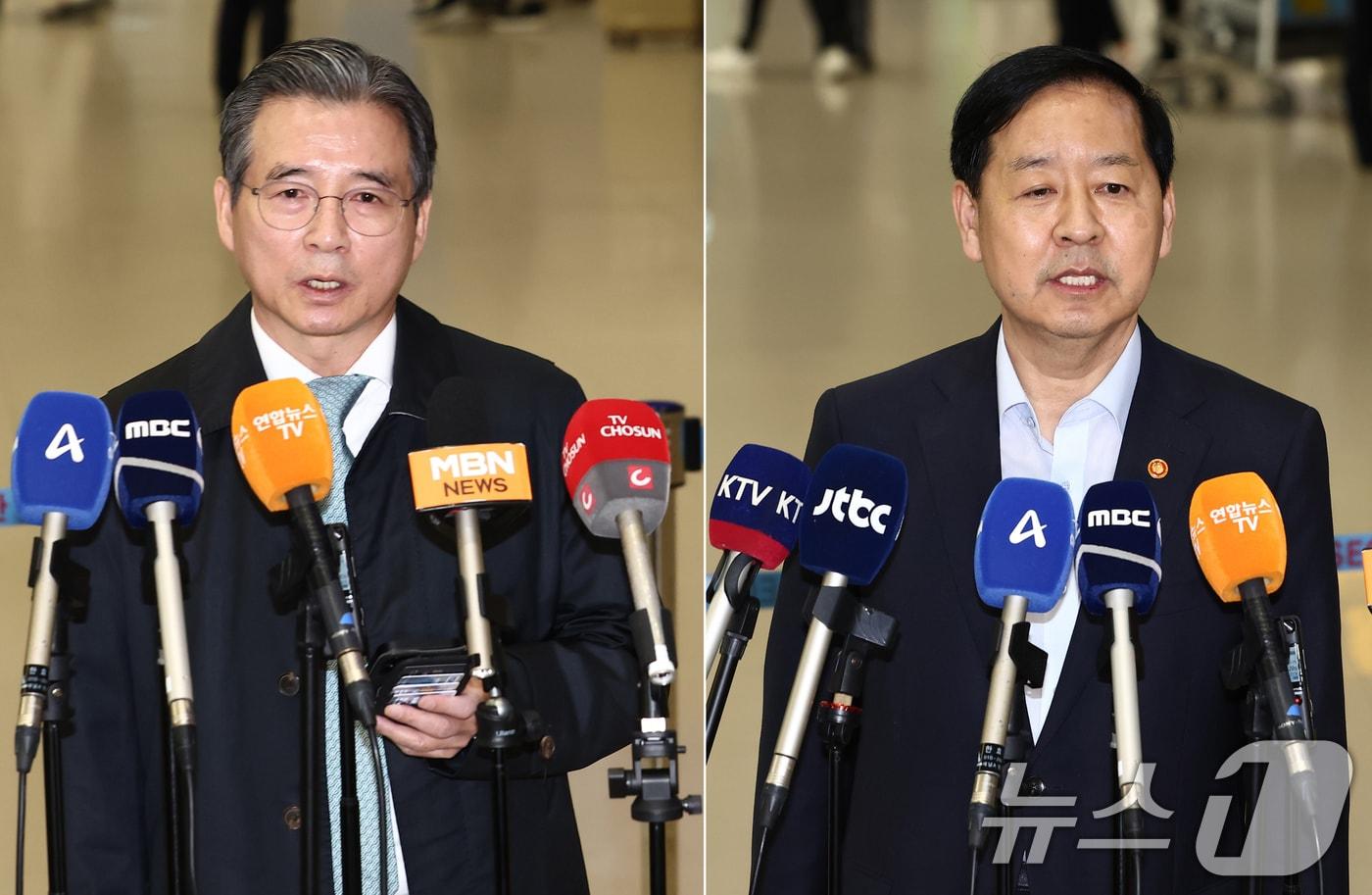 한미 관세협상 후속 논의를 위해 미국 워싱턴DC를 찾아 막판 협상을 벌이고 돌아온 김용범 대통령실 정책실장과 구윤철 경제부총리 겸 기획재정부 장관이 19일 오후 인천국제공항 제2터미널을 통해 귀국하며 각각 브리핑을 하고 있다. 2025.10.19/뉴스1 ⓒ News1 김민지 기자