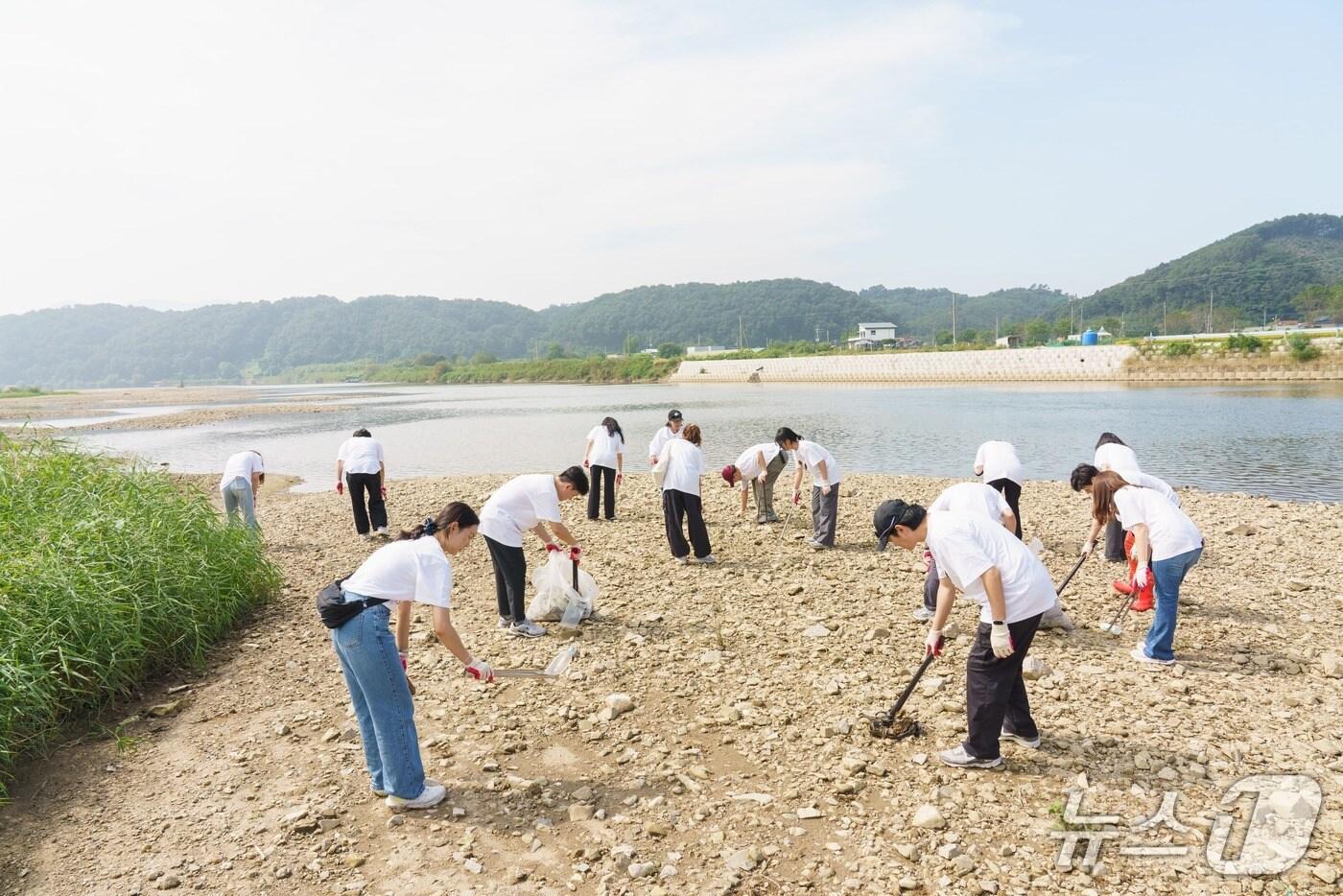 보령 임직원들이 예당호 주변 생태보호구역에서 플로깅 봉사활동을 진행하고 있다.(보령 제공)/뉴스1