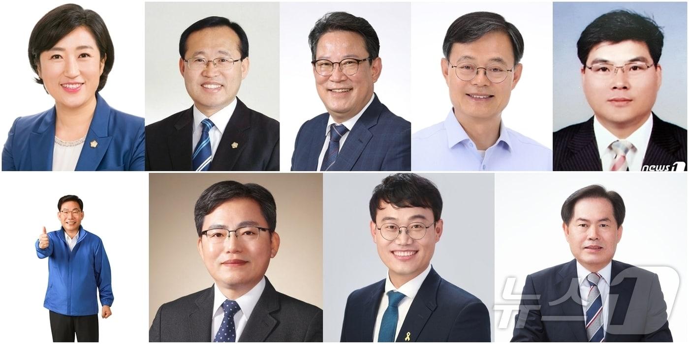 광주 북구청장 후보군. &#40;왼쪽 위부터 시계방향으로&#41; 신수정, 김동찬, 문상필, 조호권, 김대원, 송승종, 오주섭, 정달성, 강백룡 순. 