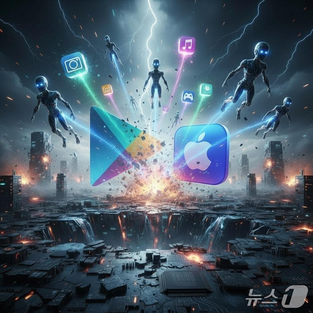 본문 이미지 - 구글·애플 앱 마켓 붕괴 관련 퍼플렉시티 AI 이미지 생성 요청 이미지
