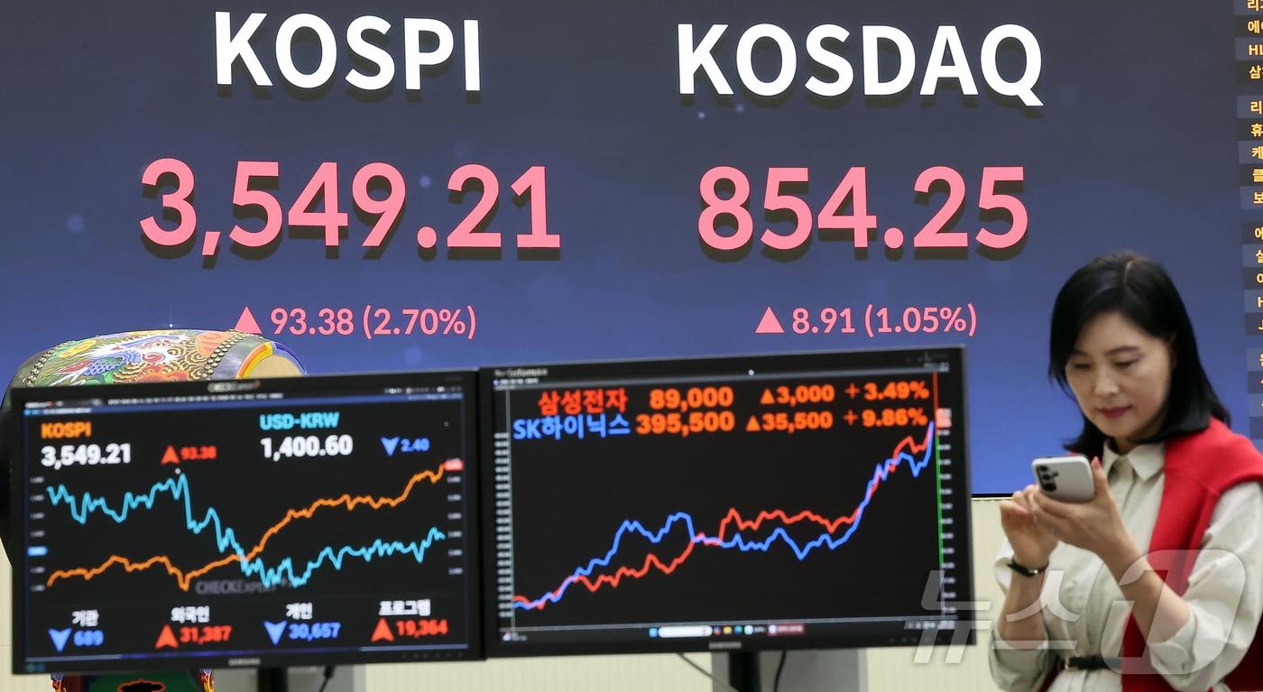 추석 명절을 앞두고 코스피가 최고가를 기록한 2일 오후 서울 영등포구 여의도 여의도 한국거래소 모니터에 코스피 시황이 표시되고 있다.  2025.10.2/뉴스1 ⓒ News1 김진환 기자