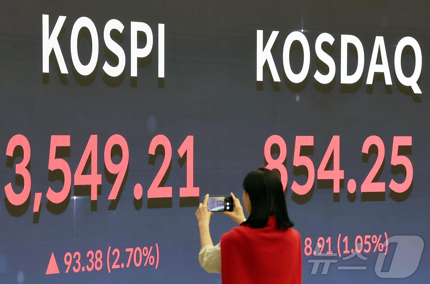 추석 명절을 앞두고 코스피가 최고가를 기록한 2일 오후 서울 영등포구 여의도 여의도 한국거래소 모니터에 코스피 시황이 표시되고 있다. 2025.10.2/뉴스1 ⓒ News1 김진환 기자