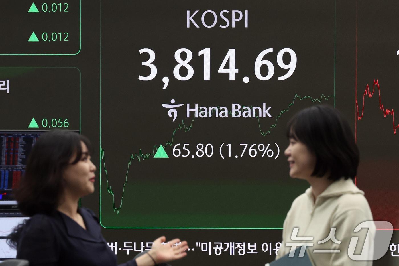 코스피가 사상 처음으로 3800선을 돌파한 20일 오후 서울 중구 하나은행 본점 딜링룸 전광판에 종가가 표시되고 있다. 2025.10.20/뉴스1 ⓒ News1 황기선 기자