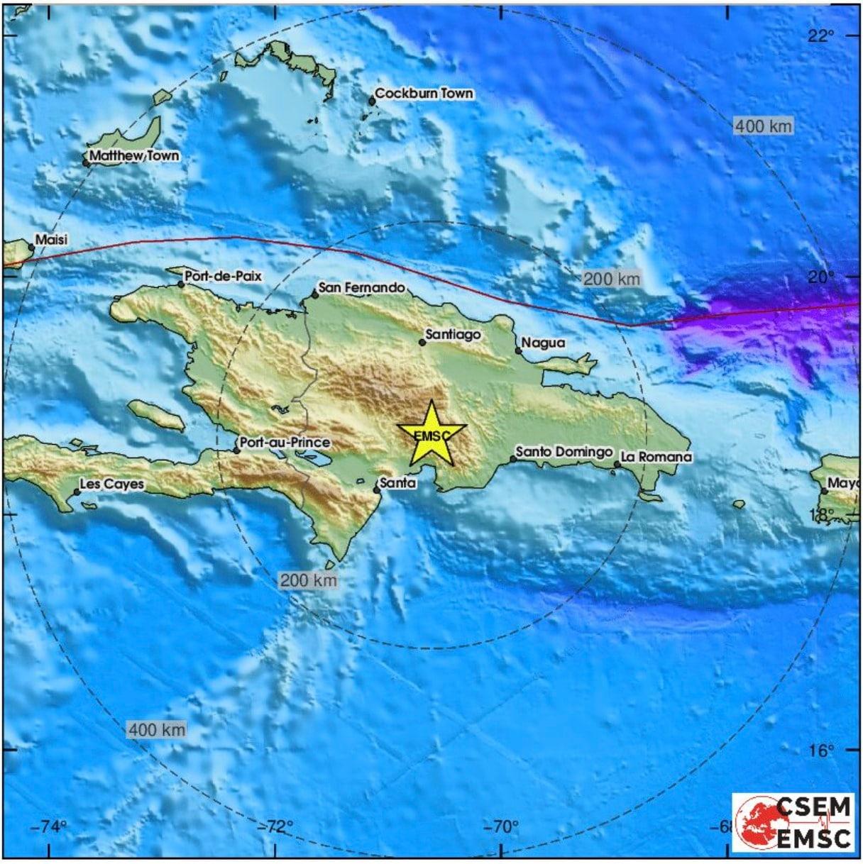 본문 이미지 - 20일(현지시간) 도미니카 공화국에서 발생한 규모 5.3의 지진 위치 (사진=EMSC 갈무리)