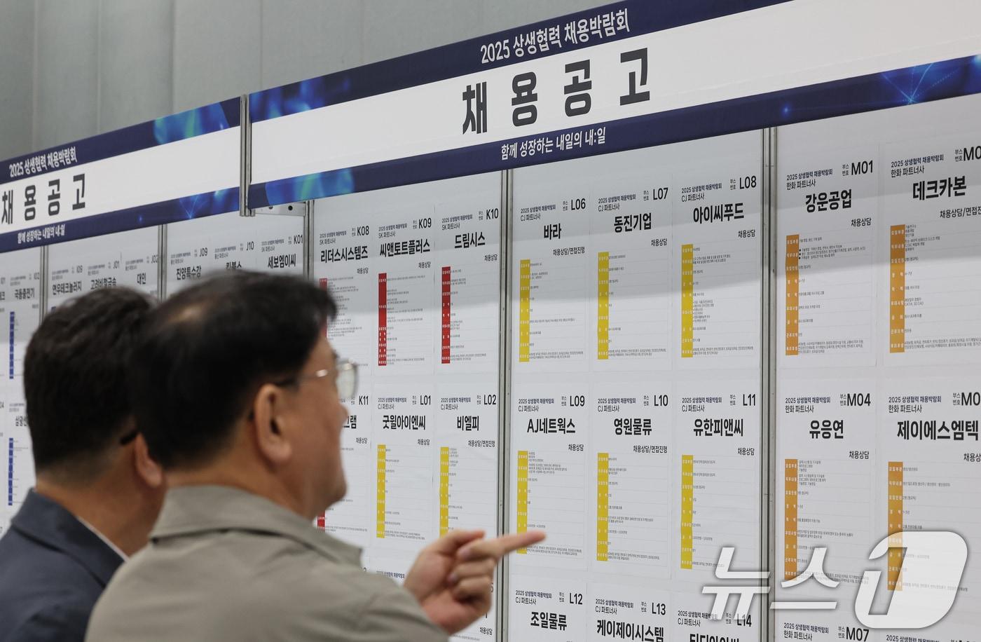 21일 서울 강서구 코엑스 마곡에서 열린 '2025 상생협력 채용박람회'를 찾은 구직자들과 군인들이 채용공고를 살펴보고 있다. 2025.10.21/뉴스1 ⓒ News1 이호윤 기자