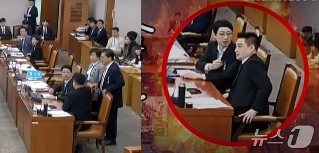 본문 이미지 - 21일 국회 법사위 국정감사 도중 국민의힘 주진우 의원(붉은 원 왼쪽)이 바로 옆에 앉은 무소속 최혁진 의원이 "질의를 방해 했다"며  항의하고 있다. 왼쪽 사진은 국민의힘 소속 법사위원인 조배숙, 송석준 의원이 최혁진 의원을 못마땅하게 보고 있는 모습. (채널 A 갈무리) ⓒ 뉴스1