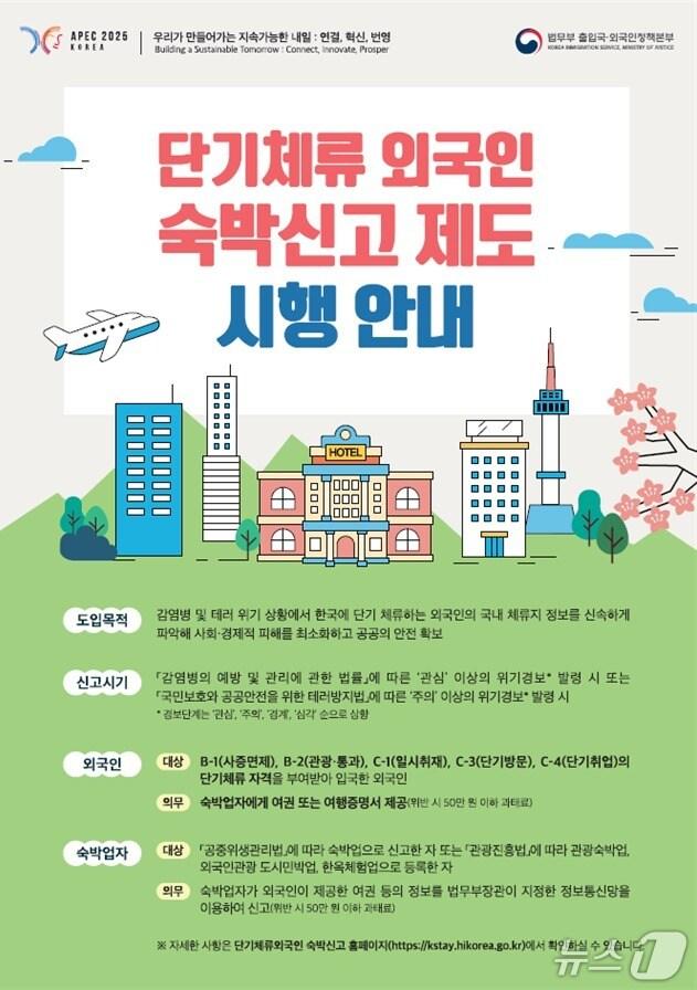 본문 이미지 - 단기체류외국인 숙박신고제도 안내자료. (법무부 제공)