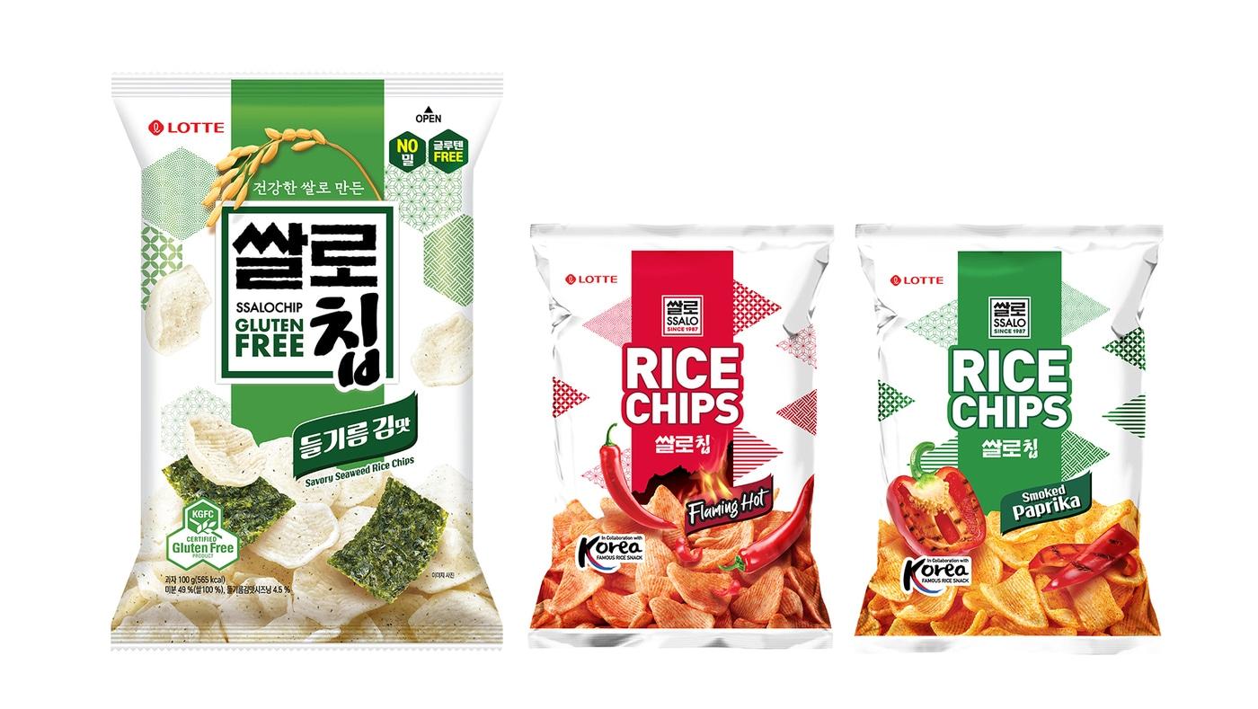 국내에서 출시한 &#40;왼쪽 첫 번째&#41;&#39;쌀로칩 들기름 김맛&#39;과 파키스탄에서 출시한 &#39;쌀로칩 플레이밍 핫&#39;, &#39;쌀로칩 스모크드 파프리카&#39;.&#40;롯데웰푸드 제공&#41;