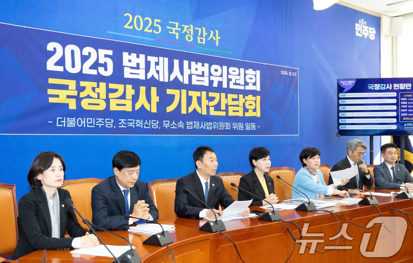 김용민 더불어민주당 의원이 22일 서울 여의도 국회에서 열린 &#39;더불어민주당, 조국혁신당, 무소속 법제사법위원회위원 &#39; 국정감사 기자간담회에서 인사말하고 있다. ⓒ News1 이승배 기자