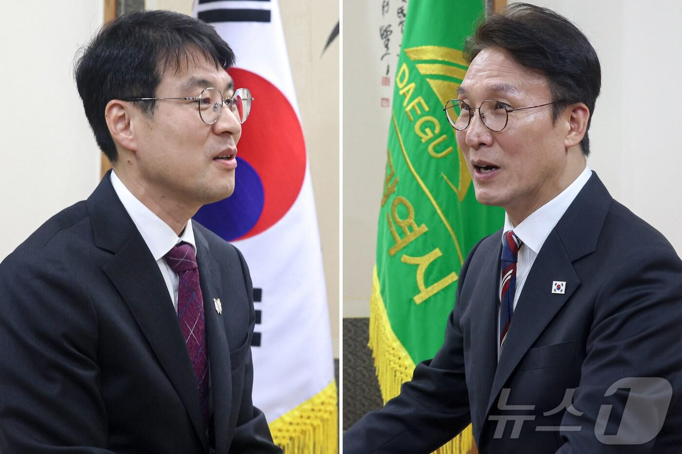 김민석 국무총리(오른쪽)가 22일 대구시청 동인청사를 방문해 김정기 대구시장 권한대행과 ‘대구시 현안 사업’에 대해 논의하고 있다. ⓒ News1 공정식 기자