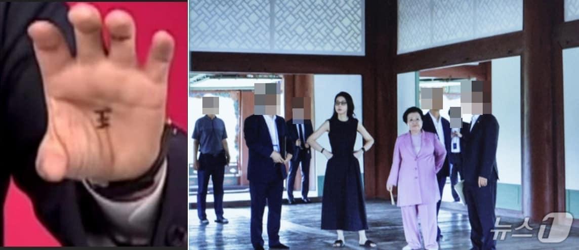 본문 이미지 -  윤석열 전 대통령이  2021년 10월 1일 손바닥에 임금 왕(王)자를 새기고 국민의힘 대선후보 5차 TV토론에 참석한 모습. 오른쪽은 양문석 더불어민주당 의원이 22일 서울 여의도 국회 문화체육관광위원회에서 열린 국립중앙박물관 등에 대한 국정감사 때 공개한 김건희 여사와 이배용 전 국가교육위원장 등이 2023년 12일 9월 경복궁 경회루를 방문했을 때 사진. 2025.10.22/뉴스1 ⓒ News1 신웅수 기자