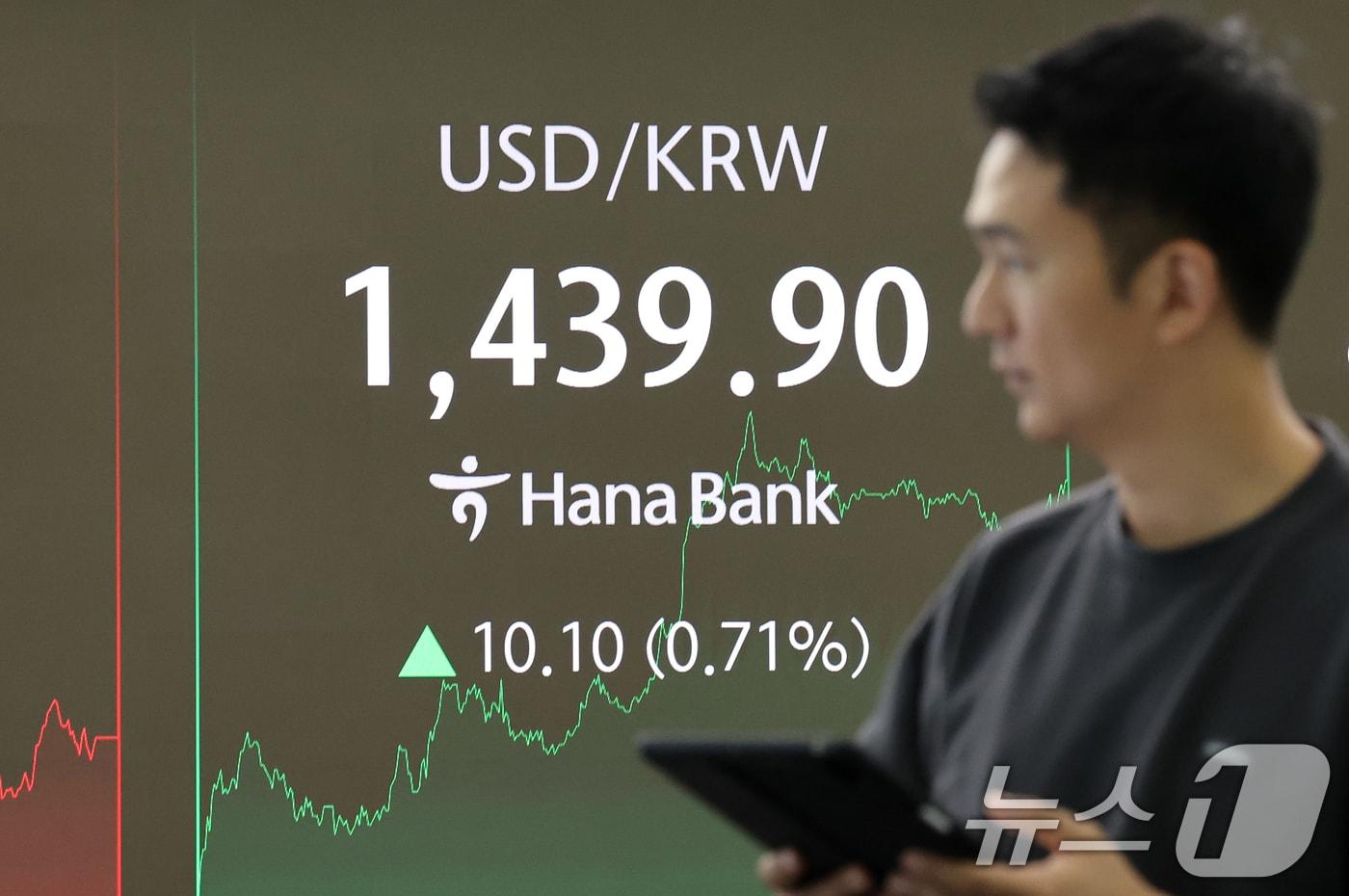 30일 오후 서울 중구 하나은행 본점 딜링룸 전광판에 달러·원 환율이 나오고 있다. 달러·원 환율은 한때 6개월만에 최고치인 1,440원을 돌파했으며 오후 3시 30분 기준 전 거래일 대비 10.10원 오른 1,439.9원에 거래되고 있다. 2025.10.23/뉴스1 ⓒ News1 이호윤 기자