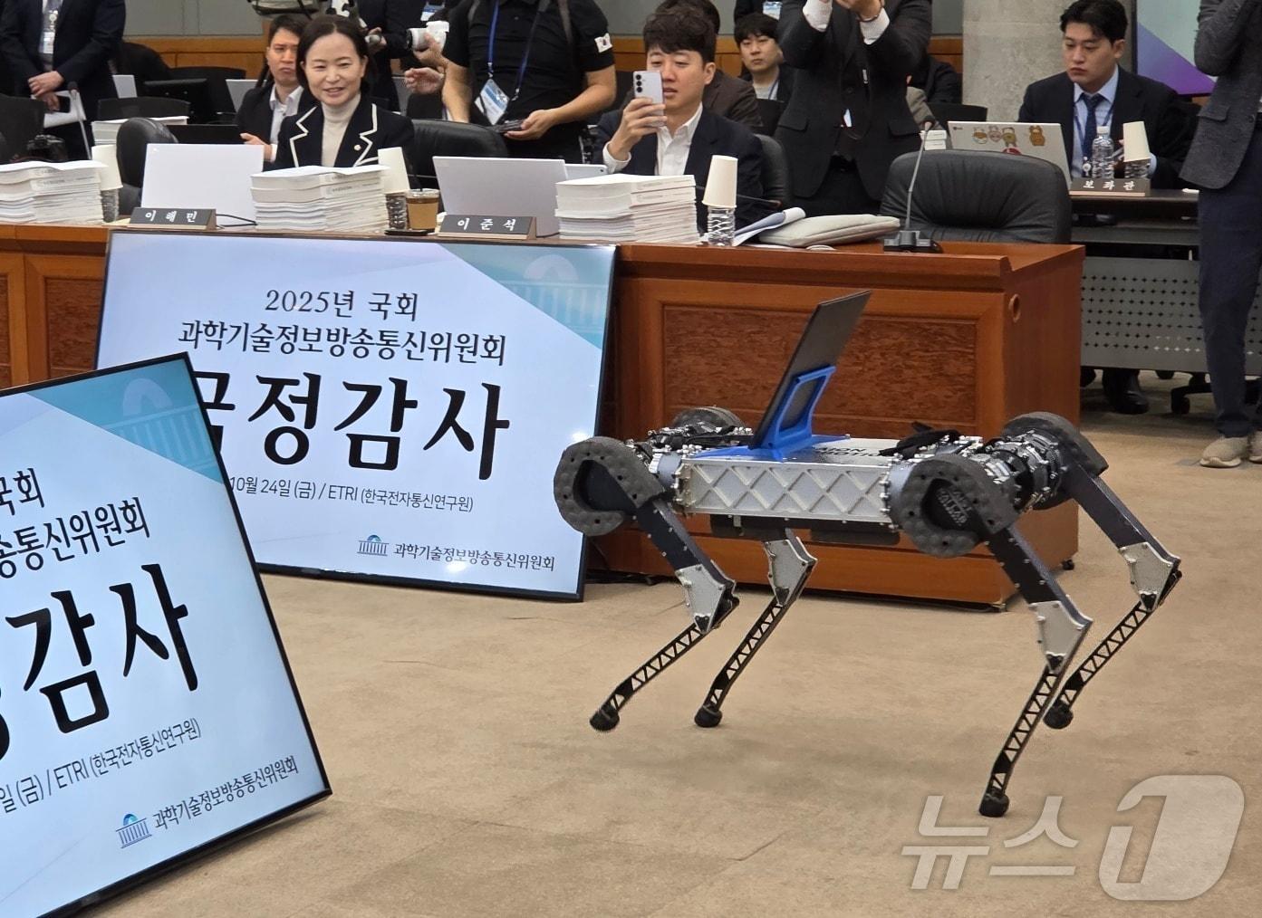 본문 이미지 - 한국과학기술원(KAIST)이 제작한 사족보행 로봇이 24일 오전 한국전자통신연구원(ETRI)에서 열린 국회 과학기술정보방송통신위원회 국정감사에서 증인선서문을 등에 싣고 걷고 있다. 2025.10.24/뉴스1 ⓒ News1 김종서 기자