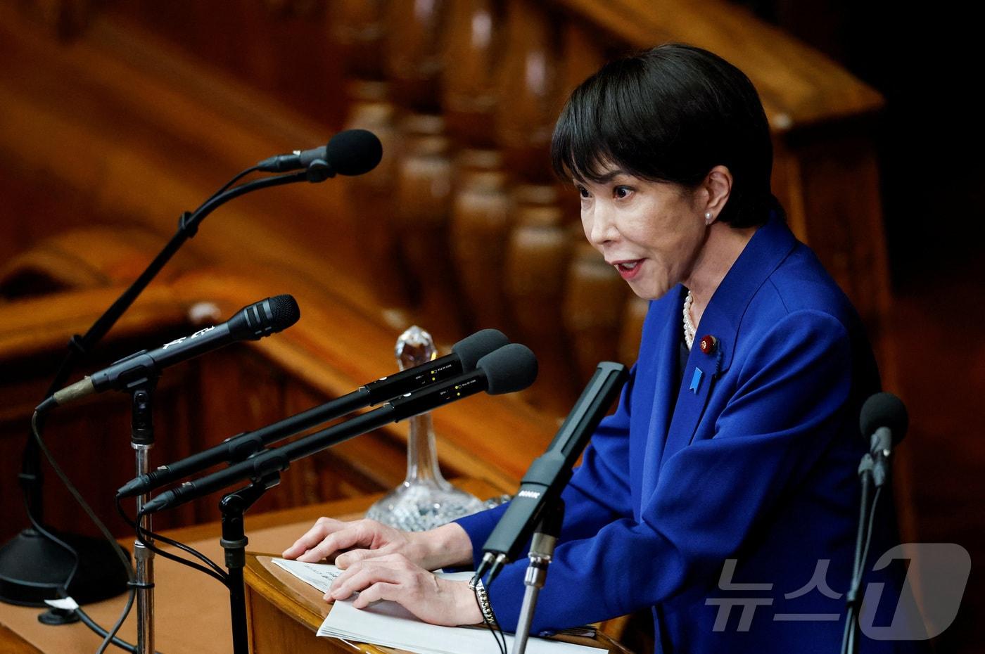 24일 다카이치 사나에 신임 일본 총리가 도쿄 국회의사당에서 소신표명 연설을 하고 있다. 2025.10.2 ⓒ 로이터=뉴스1 ⓒ News1 김지완 기자