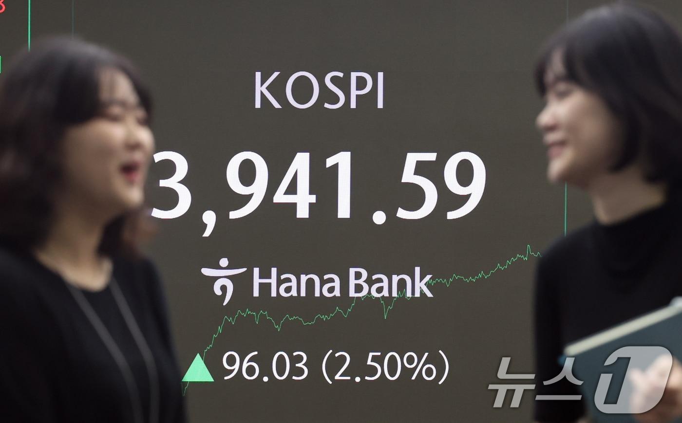 서울 중구 하나은행 본점 딜링룸 전광판에 종가가 표시되고 있다. /뉴스1 ⓒ News1 황기선 기자