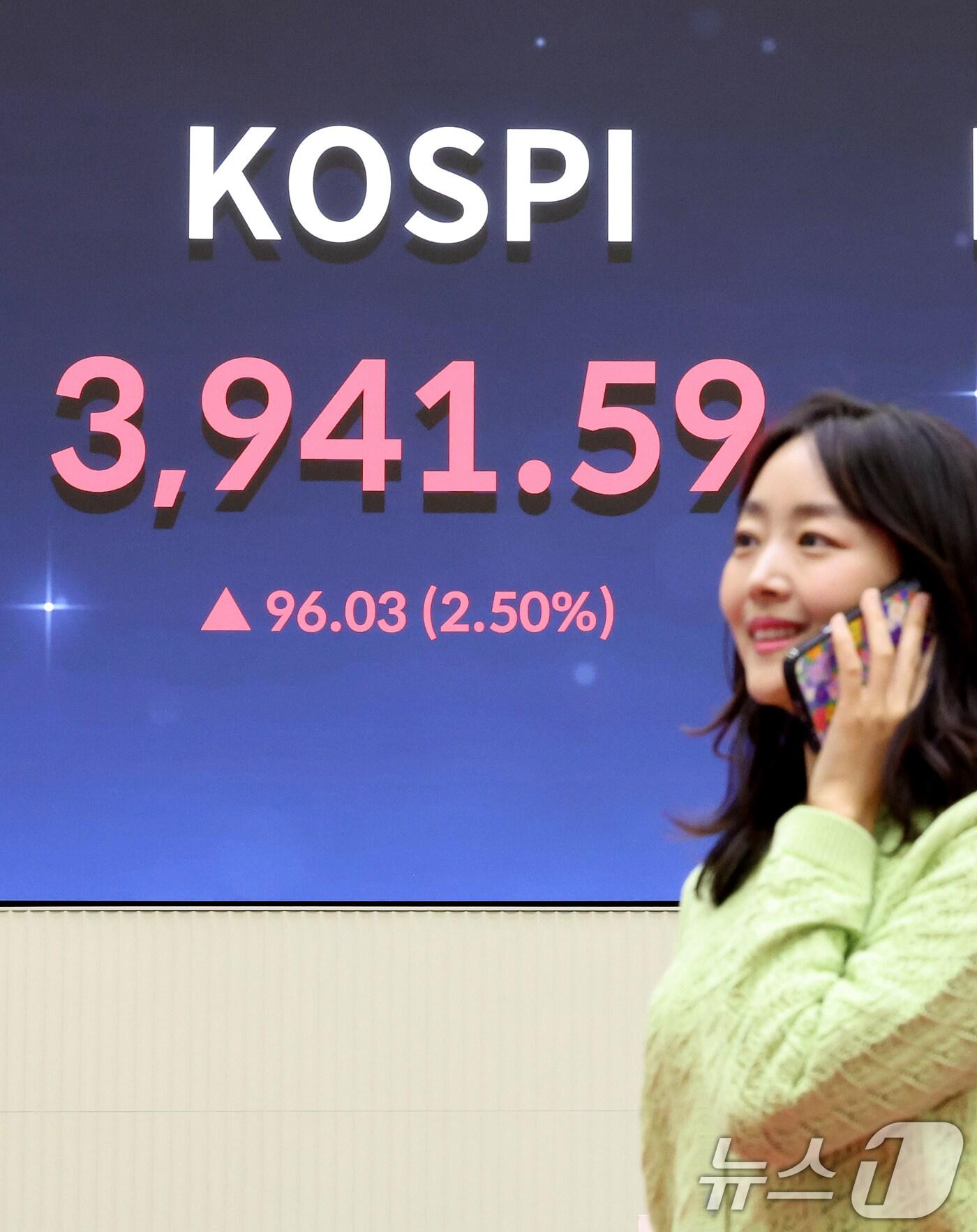 본문 이미지 - 코스피가 역대 최고가를 기록한 24일 서울 영등포구 여의도 여의도 한국거래소 모니터에 코스피 시황이 표시되고 있다. 코스피 지수가 전날보다 96.03&#40;2.50%&#41; 포인트 오른 3,941.59로 코스닥지수는 전 거래일 보다 11.05&#40;1.27%&#41;포인트 오른 883.08에 마감했다. 이날 코스피가 3,940선을 돌파하며 삼성전자, SK하이닉스의 합산 시가총액은 1000조를 돌파했다. 2025.10.24/뉴스1 ⓒ News1 이호윤 기자