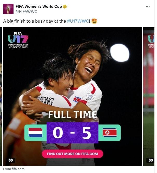 본문 이미지 - 북한 17세 이하 여자축구대표팀이 2025 U17 여자 월드컵 조별리그 3연승을 거뒀다. &#40;FIFA SNS 캡처&#41;