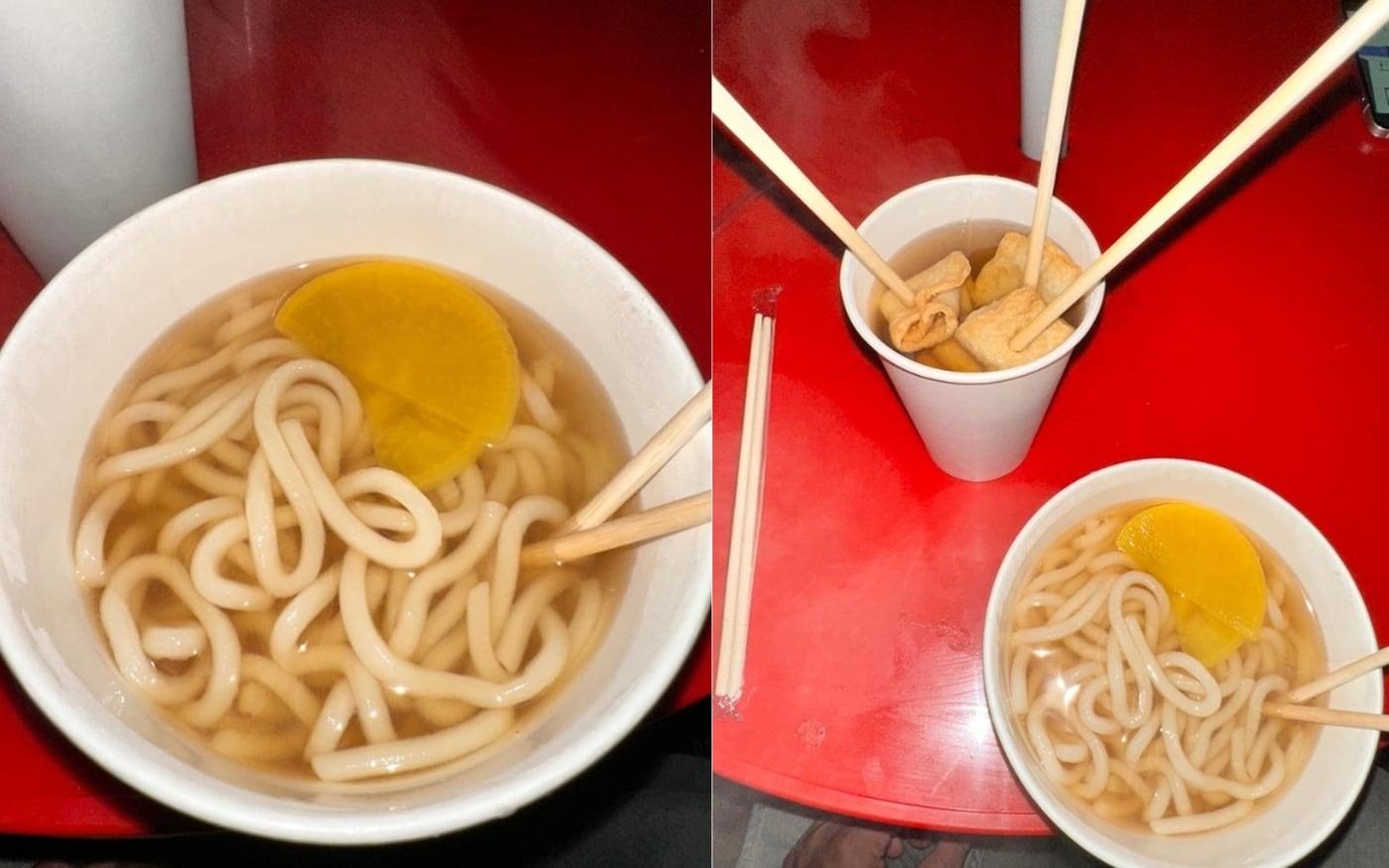 (한 지역축제장에서 판매한 '바가지 우동'과 어묵 사진.)