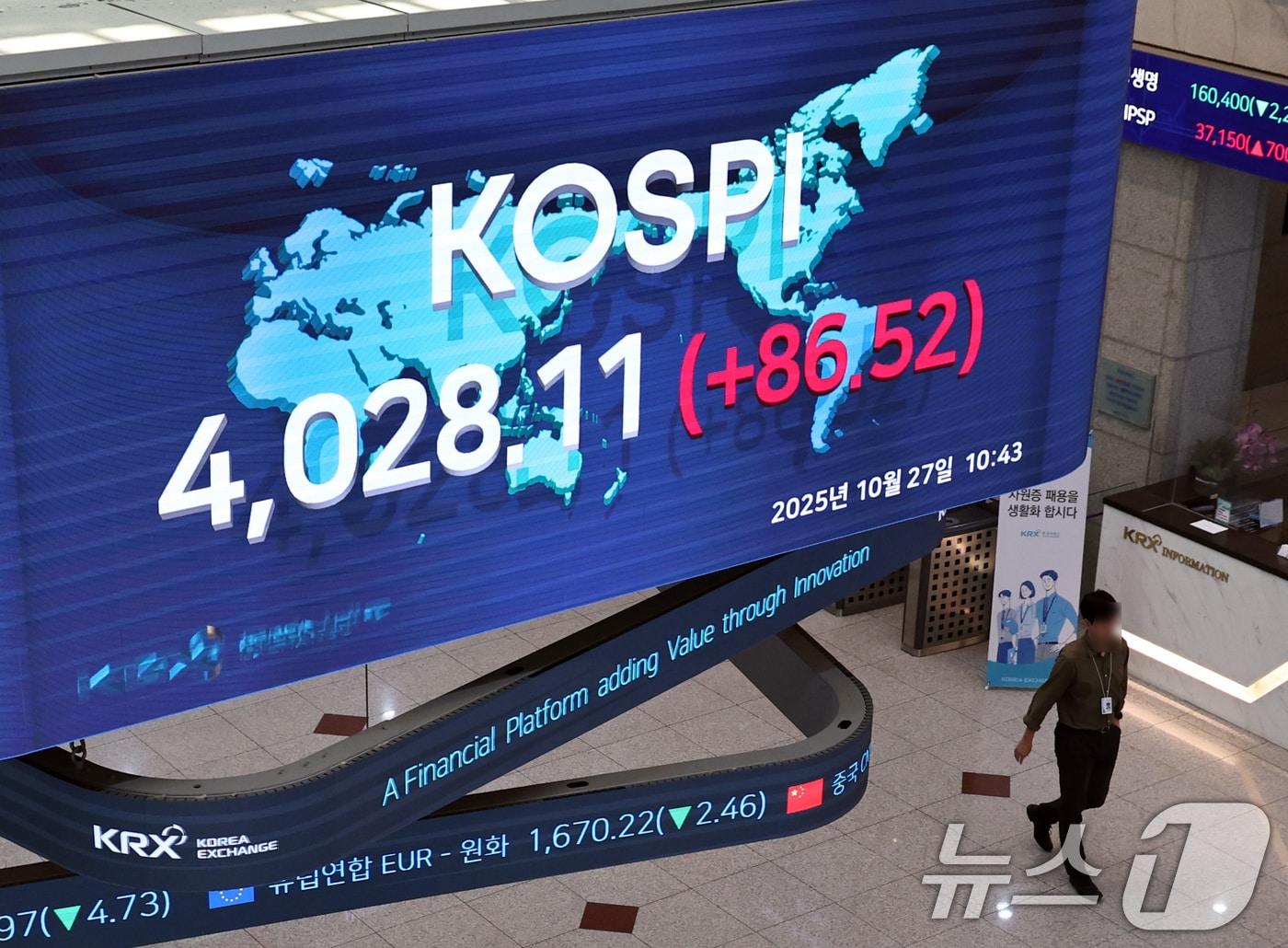 본문 이미지 - 코스피가 사상 최초로 장중 4000선을 돌파한 27일 오전 서울 여의도 한국거래소에 코스피 지수가 표시되고 있다. 2025.10.27/뉴스1 ⓒ News1 구윤성 기자