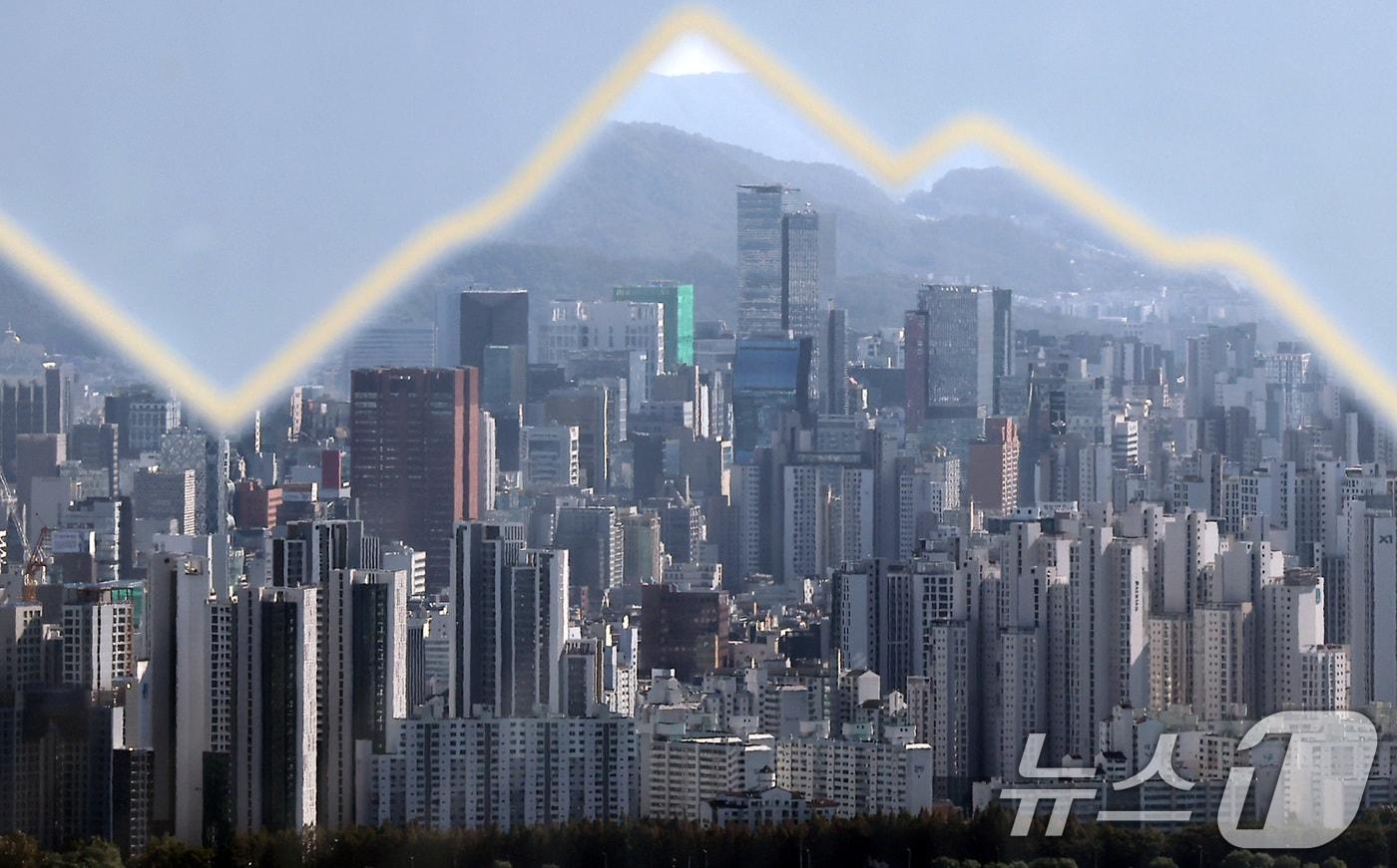 KB부동산 조사 기준으로 이달 서울 아파트 매매가격이 10·15 부동산 대책 발표 이전까지 기준으로 올해 들어 최고 상승률을 기록한 것으로 나타났다. 지난 27일 서울 남산에서 바라본 아파트 단지 모습. 2025.10.27/뉴스1 ⓒ News1 김성진 기자