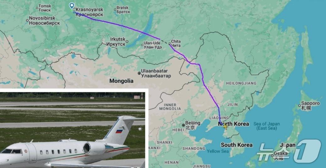 본문 이미지 - 미국의 북한 전문 매체 NK뉴스는 27일 비행추적 사이트 '플라이트레이더24' 데이터를 인용해, 등록번호 RA-67147의 봄바디어 챌린저 605 비즈니스 제트기가 지난 23일 모스크바 브누코보 공항을 출발, 시베리아 크라스노야르스크를 경유해 24일 평양 순안국제공항에 착륙했다고 보도했다.(NK뉴스 갈무리).