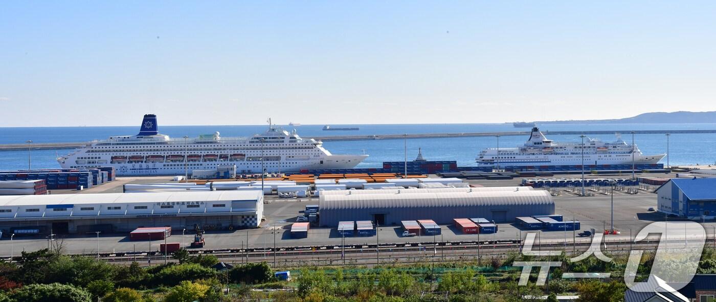 28일 APEC 회의 기간 동안 글로벌 CEO 들의 숙소로 사용할 피아노랜드호(왼쪽)와 이스턴 비너스호가 경북 포항시 북구 영일만항에 입항했다. 선상 숙소로 사용할 크루즈선은 11월 1일까지 APEC 회의 참가 기업인 1100여명의 숙소로 사용될 예정이다. 2025.10.28/뉴스1 ⓒ News1 최창호 기자