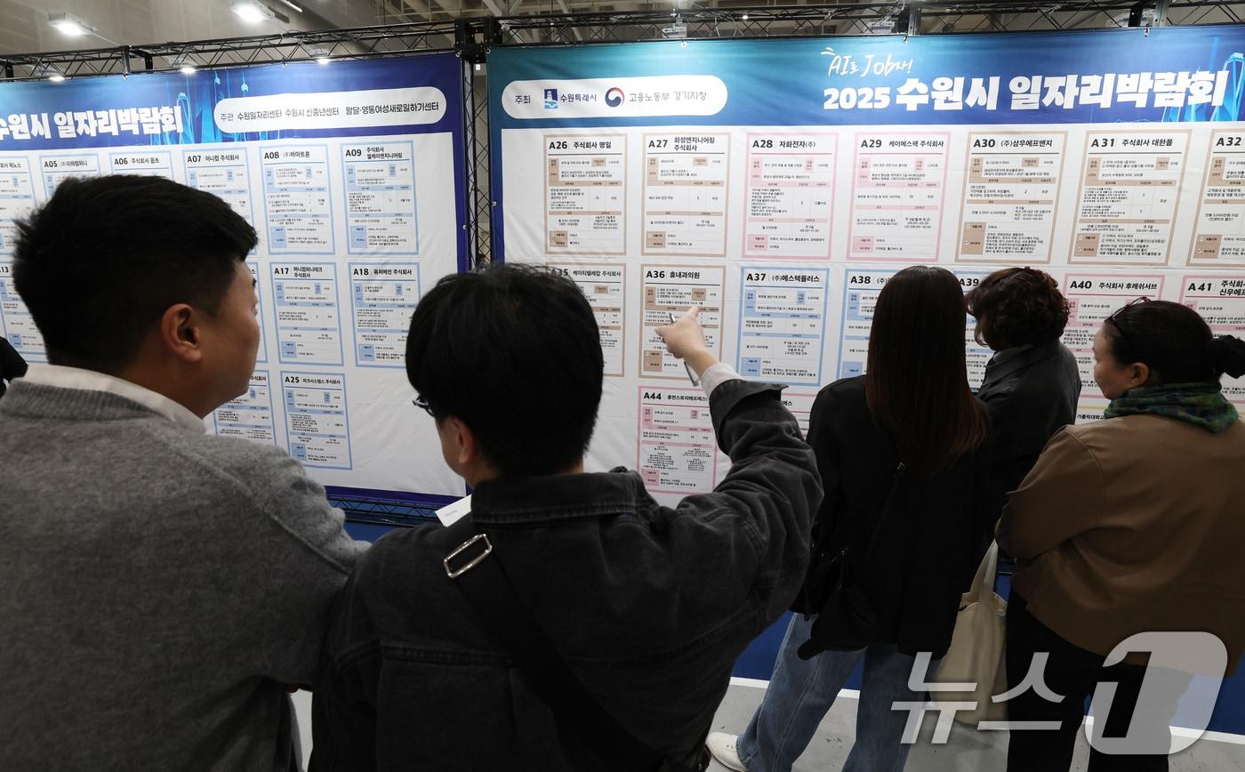 본문 이미지 - 28일 경기 수원시 영통구 수원컨벤션센터에서 열린 'AI로 JOB자-2025 수원시 일자리박람회'에서 구직자들이 채용게시판을 보고 있다. 2025.10.28 ⓒ 뉴스1 김영운 기자