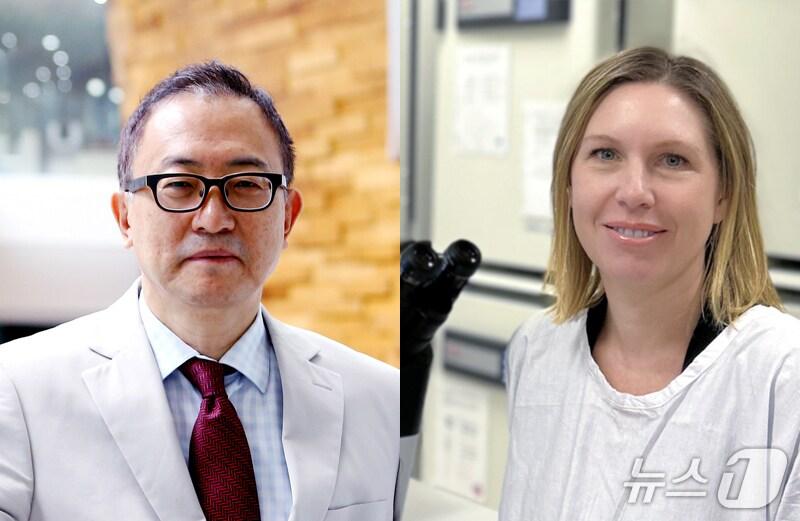 본문 이미지 - 차광렬 차병원∙차바이오그룹 글로벌종합연구소장&#40;왼쪽&#41;, &#39;차광렬 줄기세포상&#39; 수상자 케이티 아이어스 박사.&#40;차병원·차바이오그룹 제공&#41;
