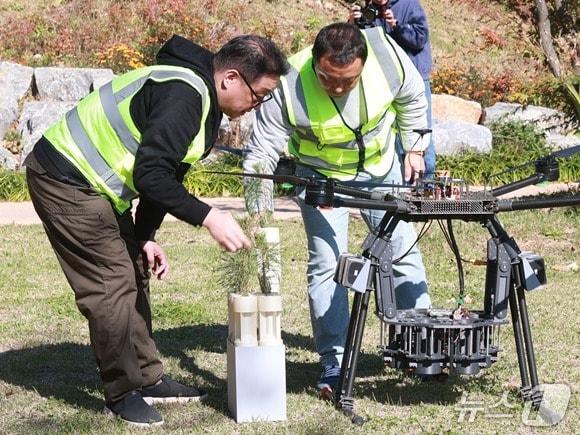 본문 이미지 - &#39;2025년 영월군 드론 실증도시 구축사업 드론식재 시연회&#39;가 28일 강원 영월군 영월읍 영흥리에서 진행됐다. &#40;영월군 제공. 재판매 및 DB금지&#41; 2025.10.28/뉴스1