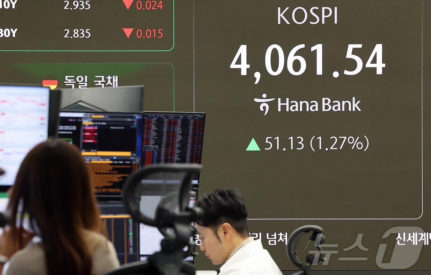 29일 오전 서울 중구 하나은행 딜링룸 전광판에 개장 시황이 나오고 있다. 이날 코스피지수는 전 거래일(4010.41)보다 51.13포인트(1.27%) 오른 4061.54로 출발했다. 2025.10.29/뉴스1 ⓒ News1 김진환 기자