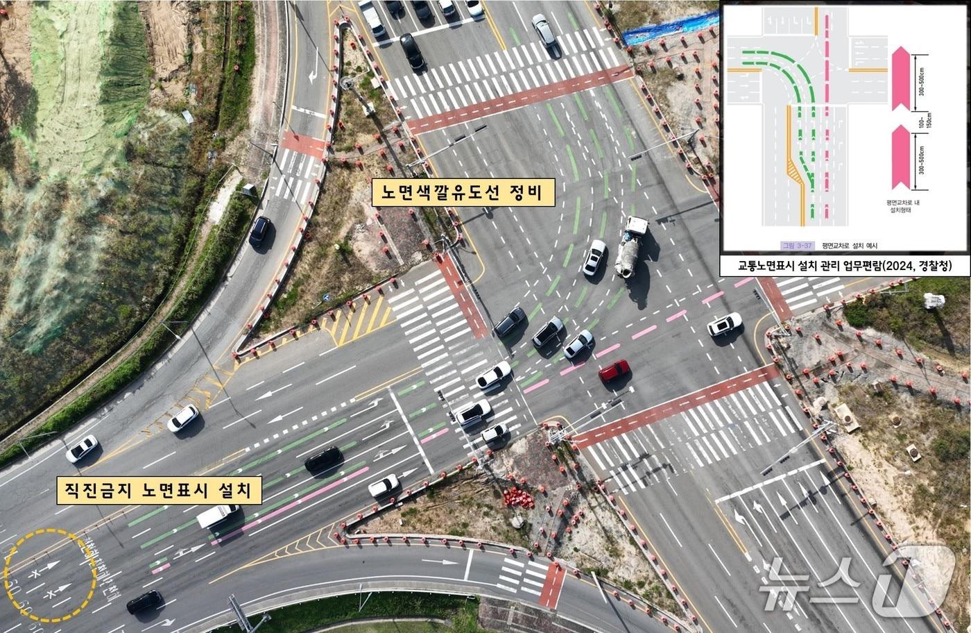 청주시 상교리 교차로내 좌회전 차로에 노면색깔유도선이 칠해져 있다.&#40;한국도로교통공단 제공. 재판매 및 DB금지&#41;/뉴스1